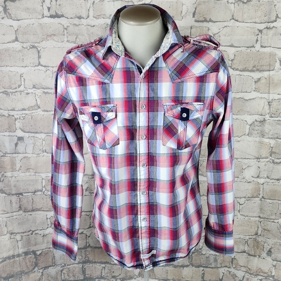 John Lennon for English Laundry Plaid Button Front Shirt Red Blue Size Large - Picture 4 of 14